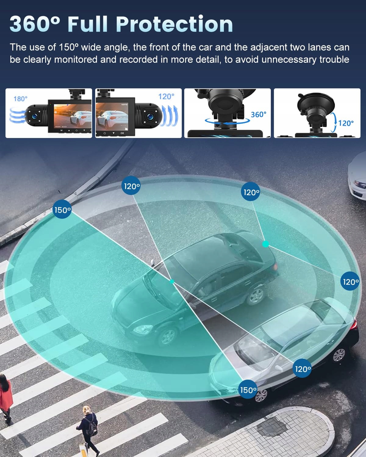 NHOPEEW 4-Channel 1080P Dash Cam 360° 3" Screen G-Sensor 64GB — miniatura 2