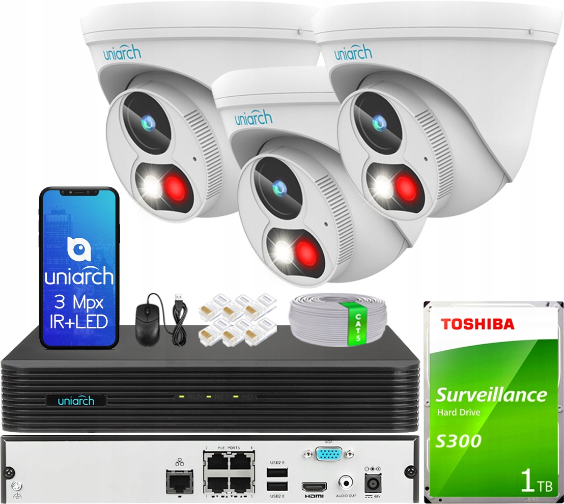 Zestaw Monitoringu IP Uniarch 3 Kamery IPC-T213-APF28W Rejestrator HDD 1TB
