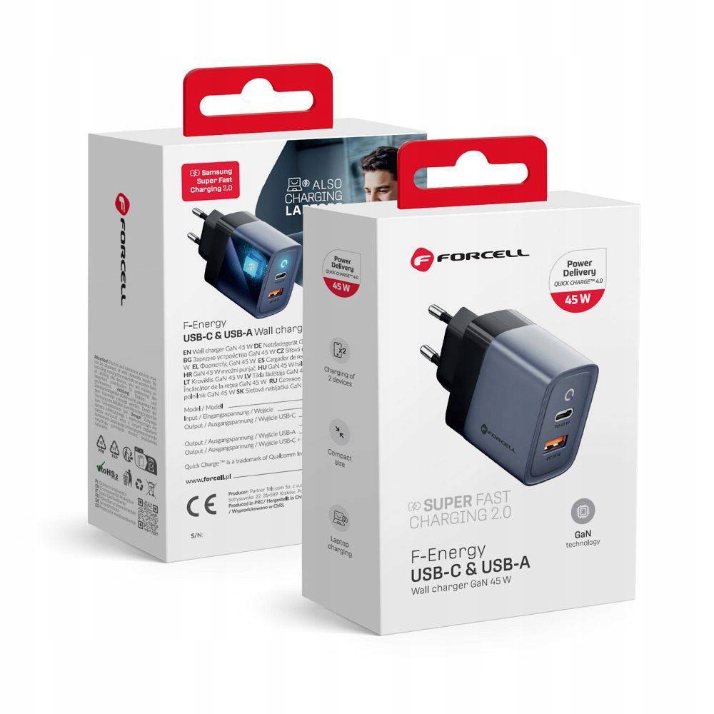 Forcell F-Energy Ładowarka Sieciowa Gan 45W Z Portami: Usb C I Usb A