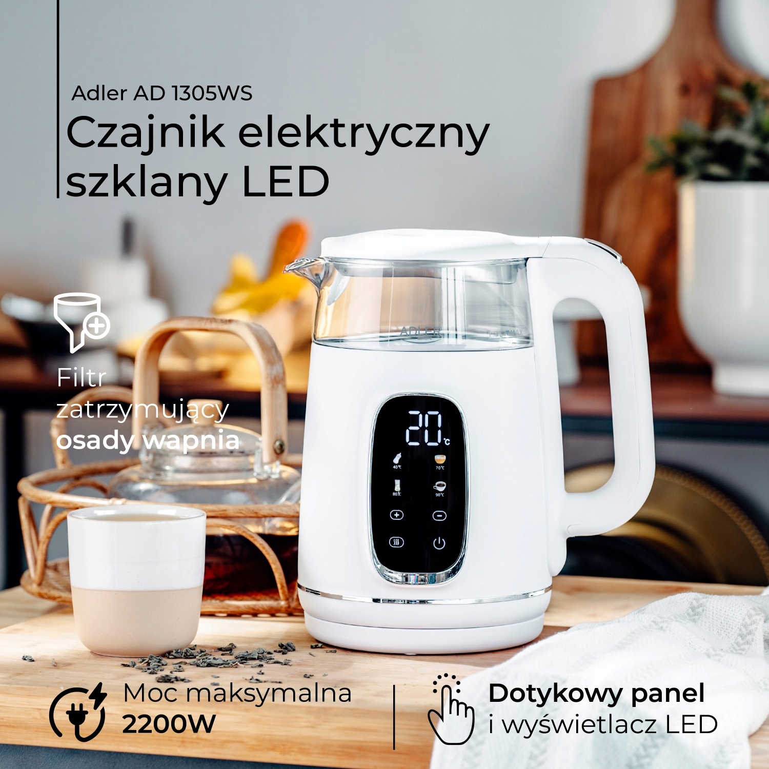 Szklany Czajnik Adler AD 1305 LED 1,7L Regulacja Temp 40-100°C