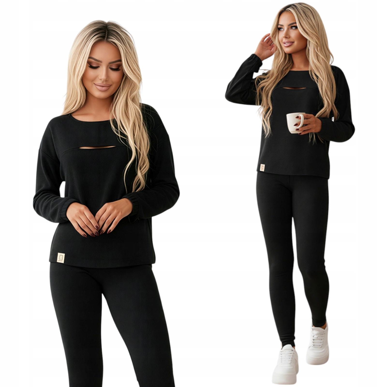 Dámský komplet Pruh Teplákovka Mikina Legíny Pohodlné Premium Černá S