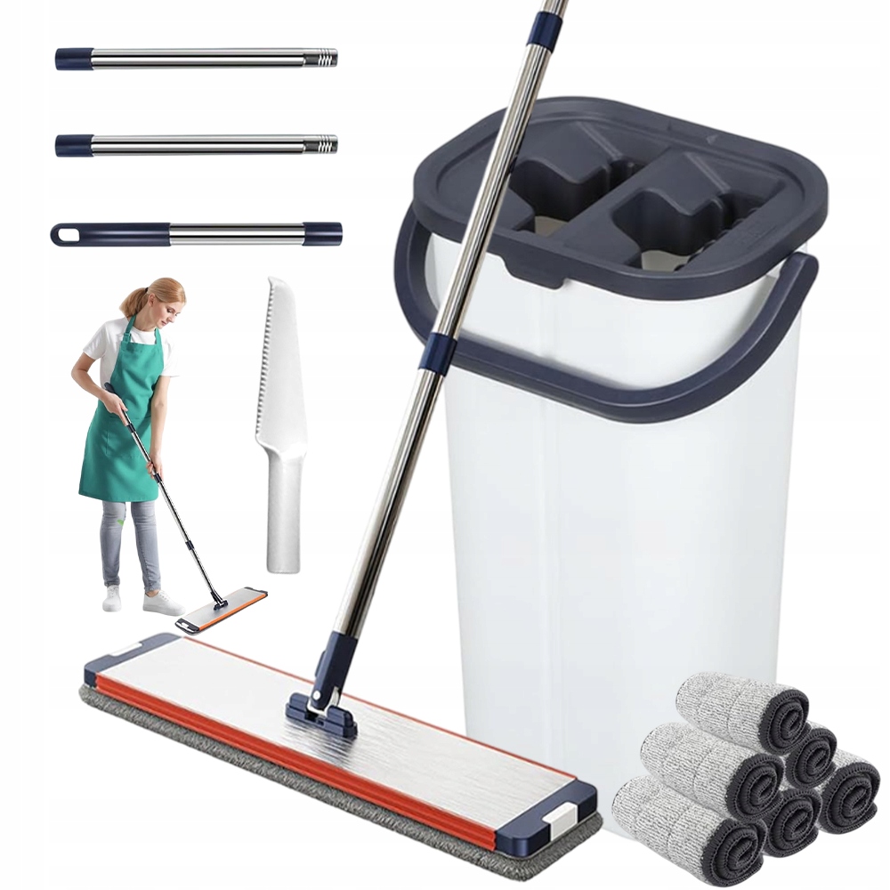 Levně Plochý Mop 40 CM S Dvoukomorovým Kbelíkem, 6 Utěrek Z Mikrovlákna, Otáčení O 360°
