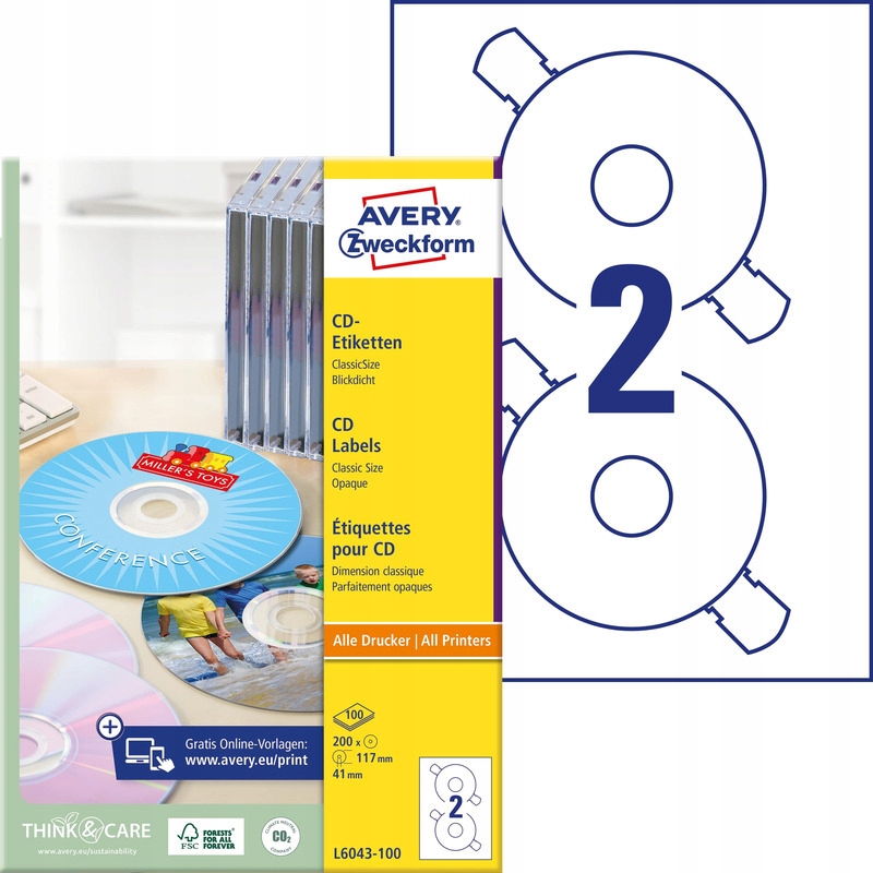 Etikety A4 Avery CD/DVD Bílé Matné (100)