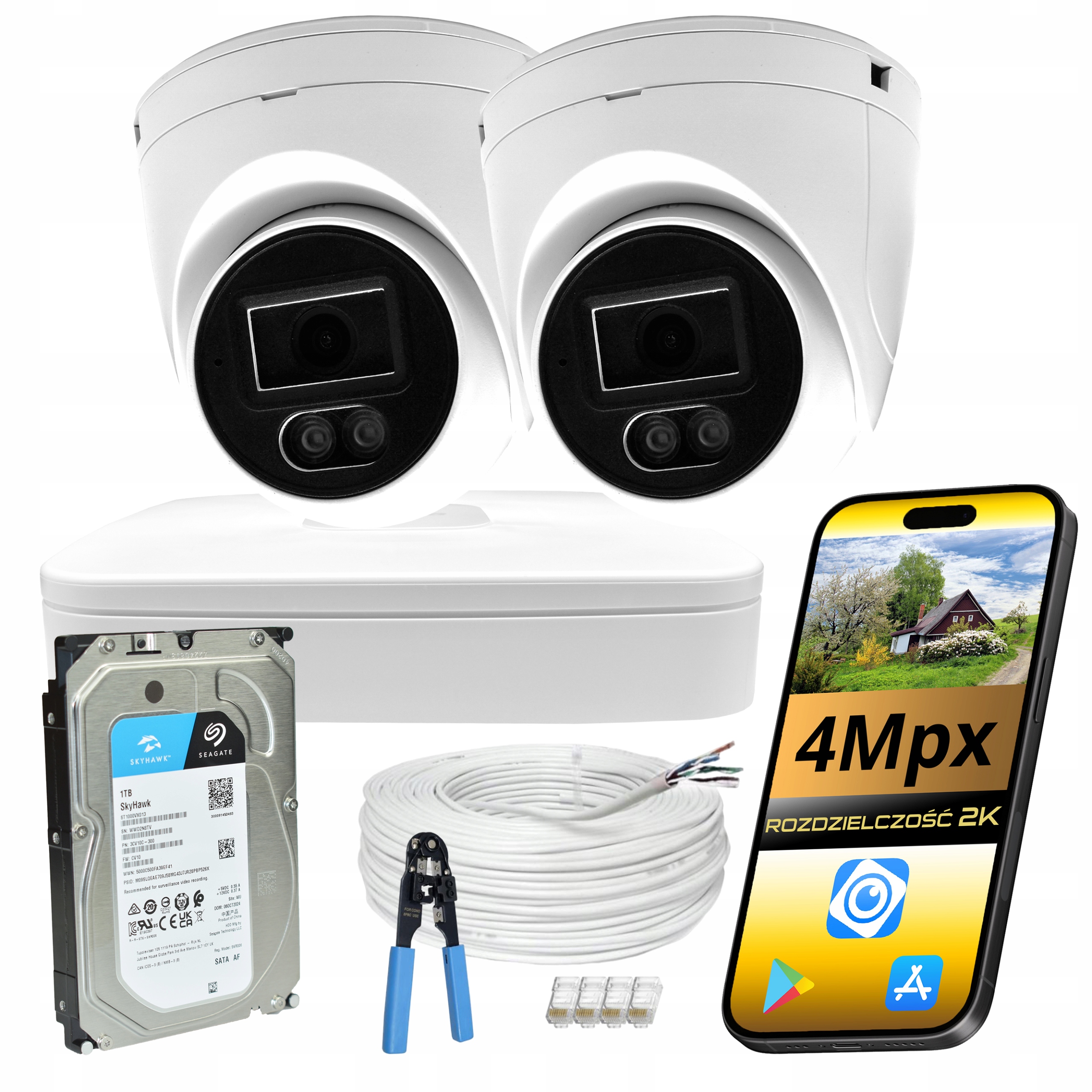 Set Monitoring 2 Ip kamery PoE 4Mpx Dahua IP67 Venkovní Barva v noci 1TB