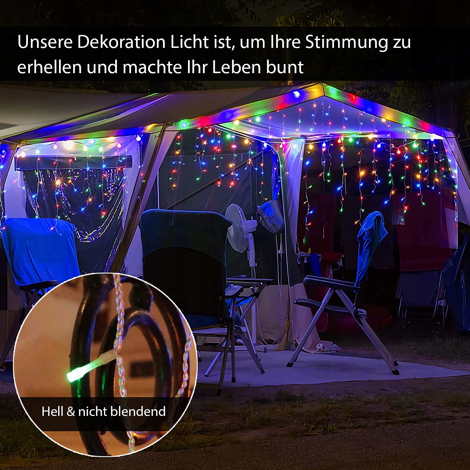 INTERGO Kurtyna Świetlna Zewnętrzna Lampki Kolorowe 8 Trybów 15M 600LED — miniatura 4