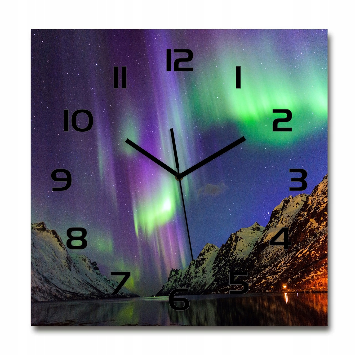 

Duży zegar szklany do salonu Zorza polarna 60x60cm