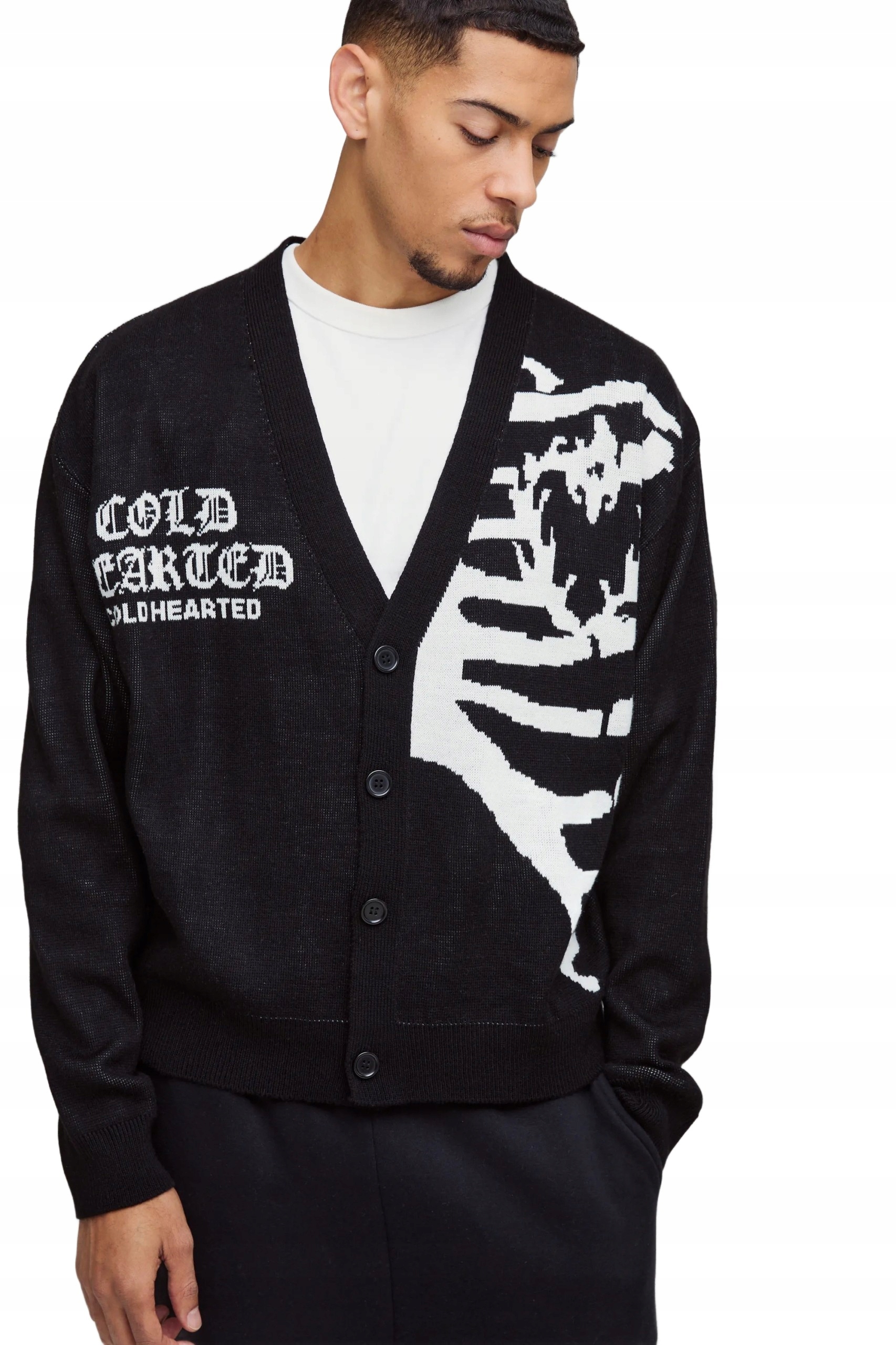 Boohooman Černý Pánský Rozepínací Svetr S Nápisem A Vzorem M Z3A