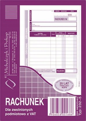 Druk Rachunek dla zwolnionych z Vat 232-5 A6