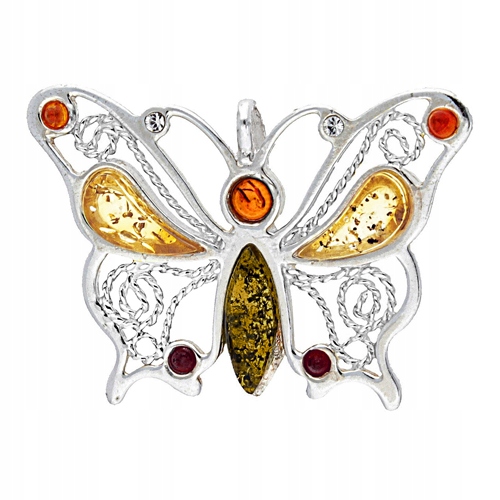 Stříbrný Motýlek barevný přívěsek z baltského Jantaru stříbro 925 Přívěsek