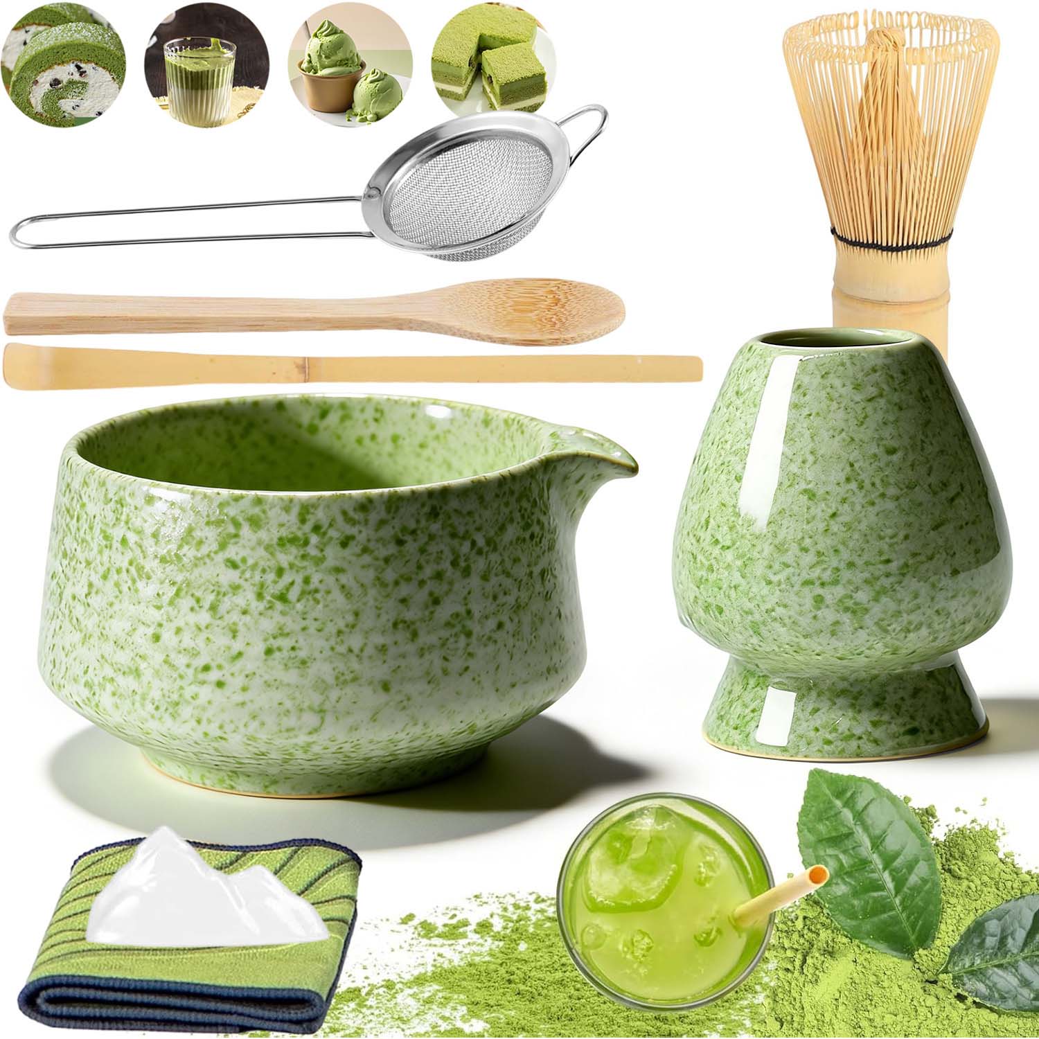 Levně Dárková Sada Na Čaj Matcha Šálek Metla Podstavec Lžička 8V1