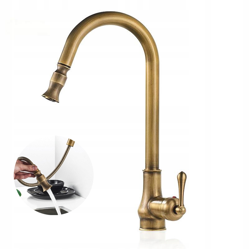 Kuchynská batéria Retro Mosadz Vyťahovateľná mosadzná výtoková elegancia
