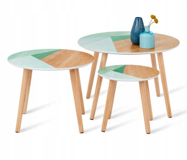 Sada 3 dřevěných konferenčních stolků, tyrkysová