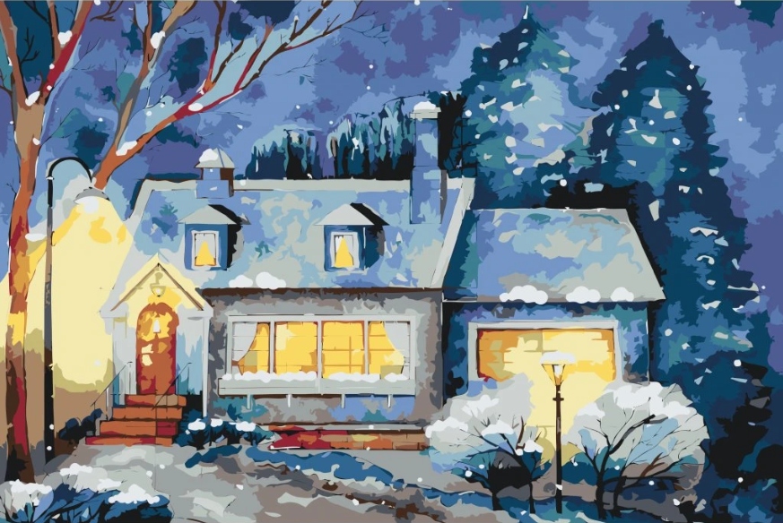 Diamantová výšivka Dřevěná chata Les Zima Sníh Vánoční stromky 40x60 cm