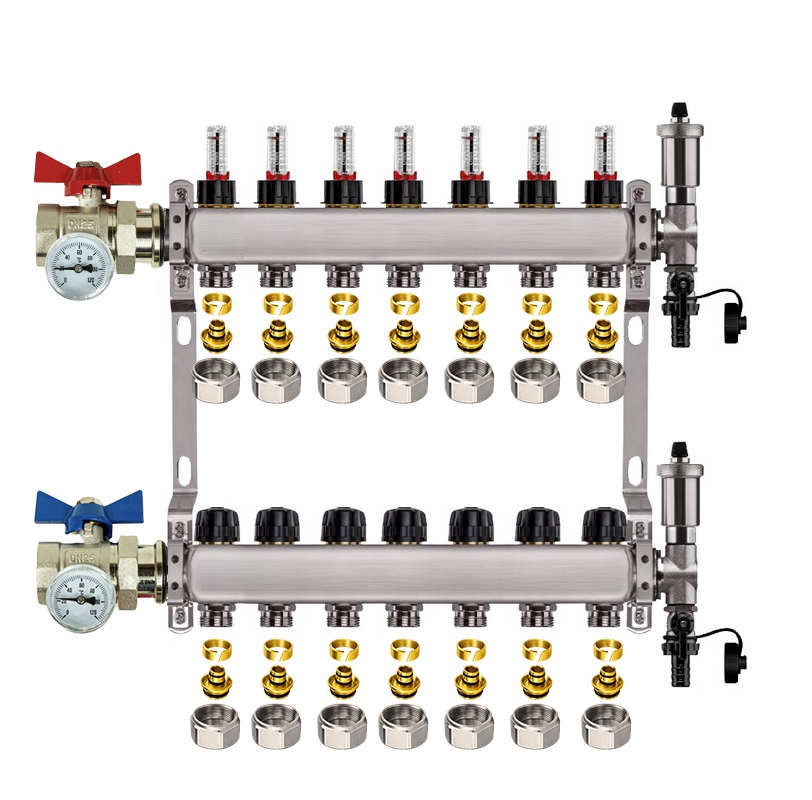 Rozdělovač Pro Podlahovku 7 Nerezových Okruhů Ventily Pexové Spojky