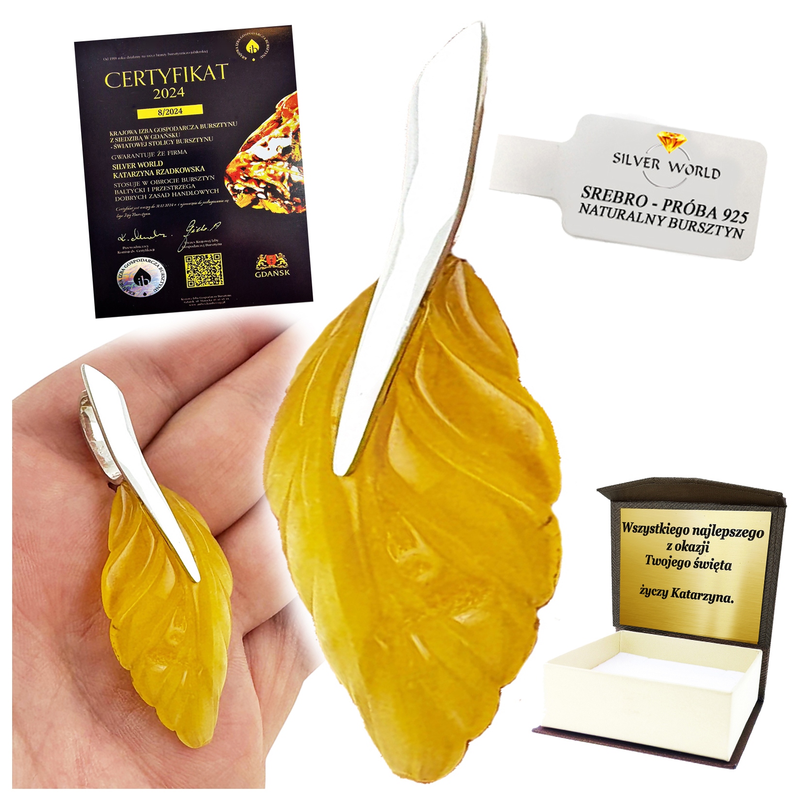 Přívěsek Stříbrný S Baltským Jantarem, Medový Mléčný List Gravírování WB21