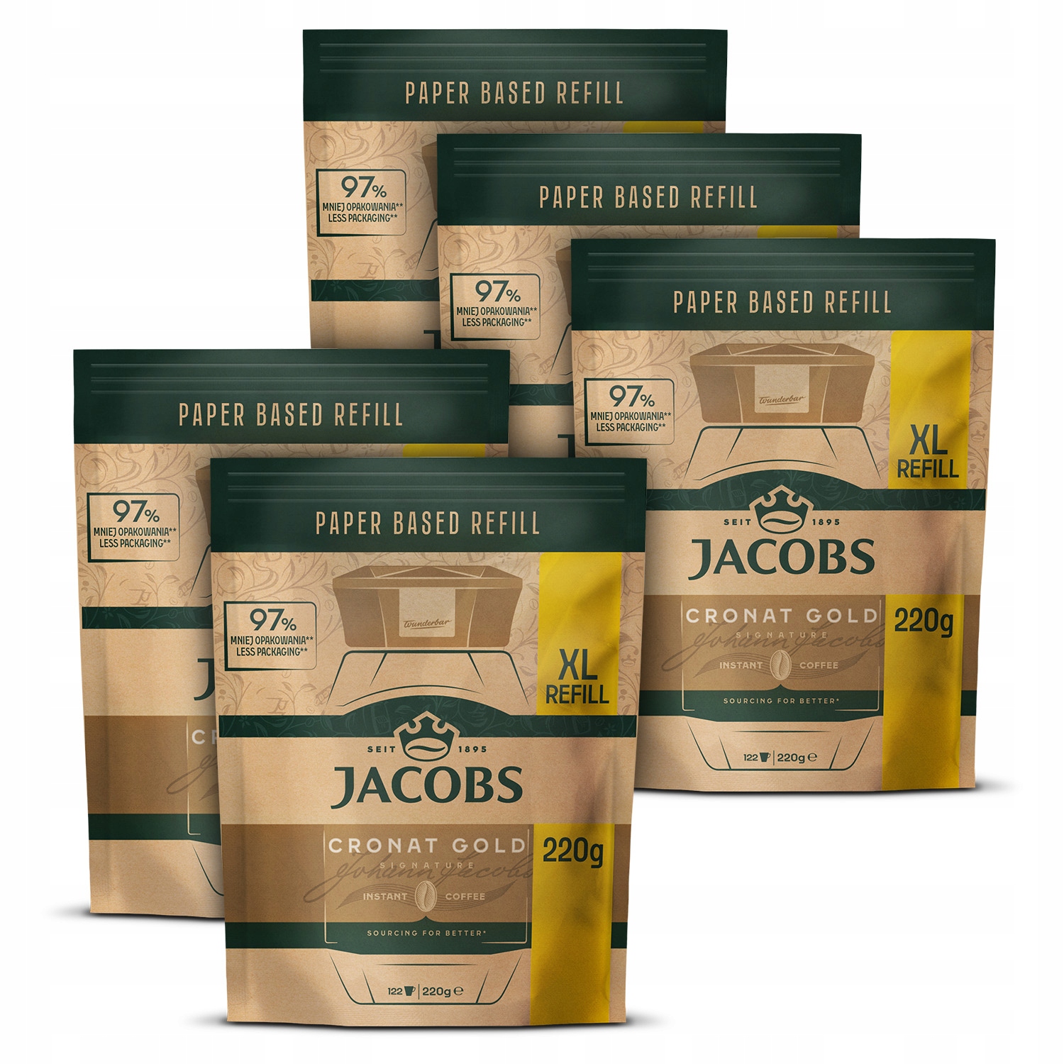 Zestaw kawa rozpuszczalna Jacobs Cronat Gold refill XL zapas 5x 220 g