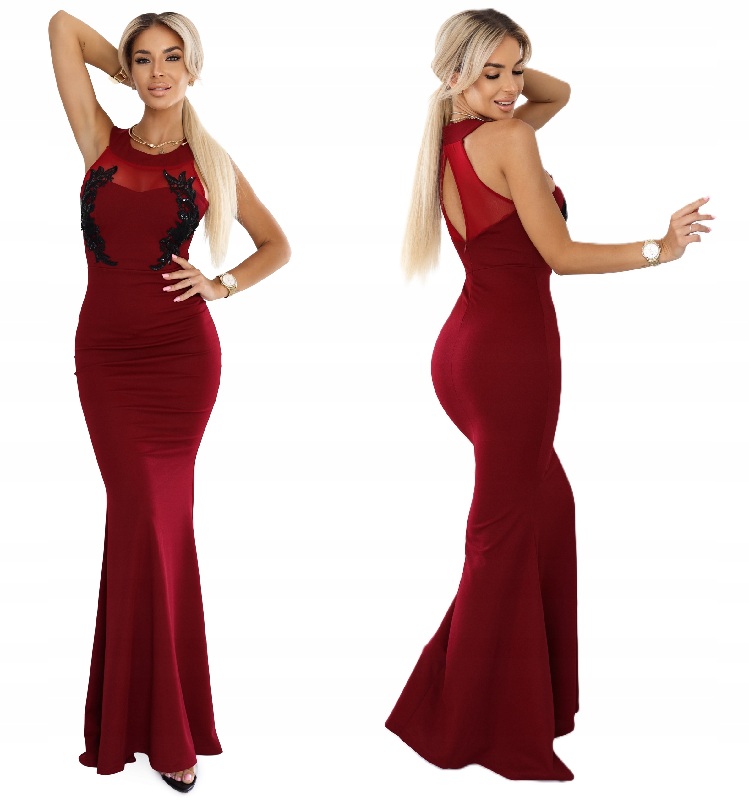 Dlouhé Efektní Šaty Střih Mořská Panna S Krajkou, Odhalená Záda, Bordó, Velikost XL