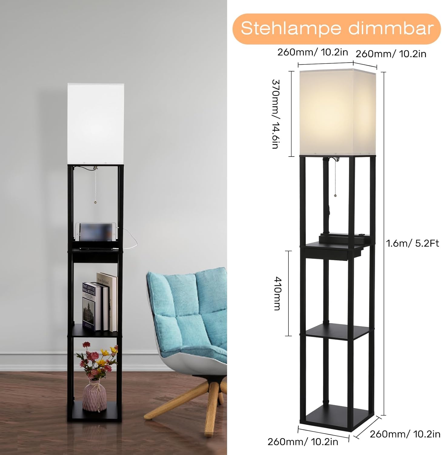 Stojací lampa podlahová police úložný regál 2v1 černá 160 cm