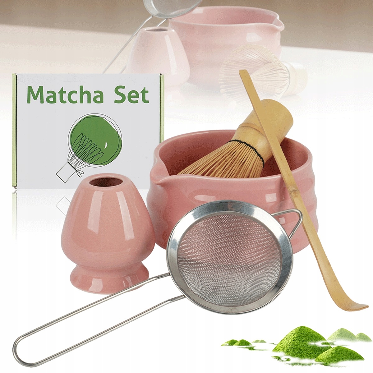 Sada na matcha z růžové keramiky s lžičkou a miskou na přípravu čaje
