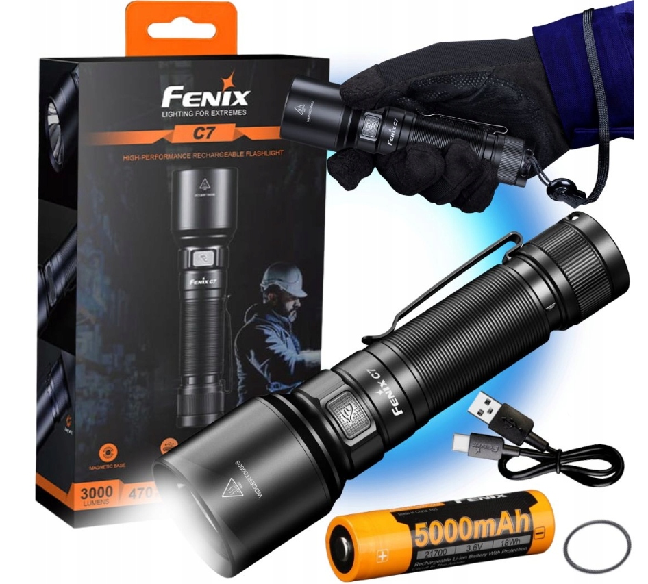 Latarka diodowa Led Fenix C7 3000lm 470m 5000 mAh Usb-c IP68 duraluminium