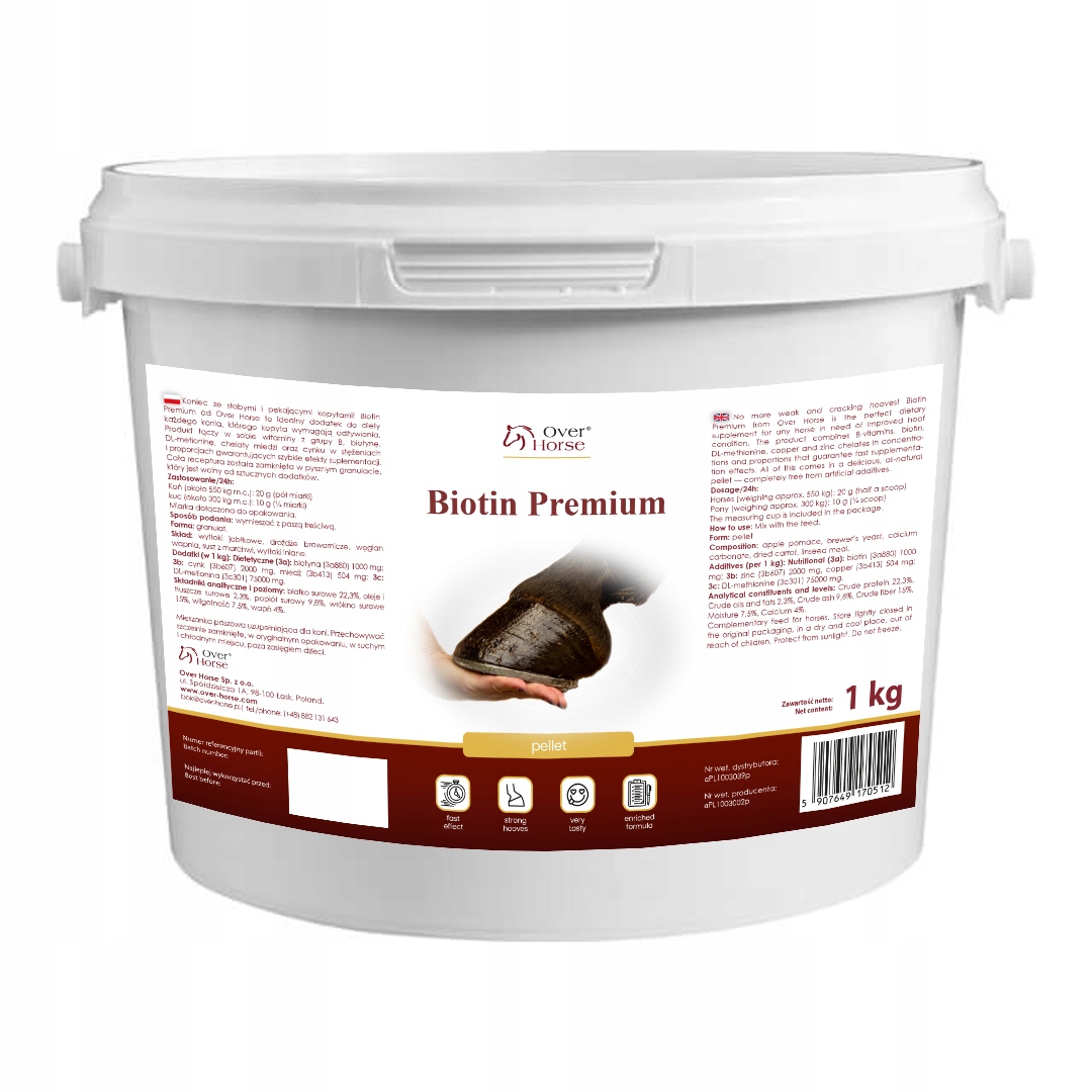 Doplněk stravy proti kopytům pro koně, granulát Biotin Premium 1kg Over Horse