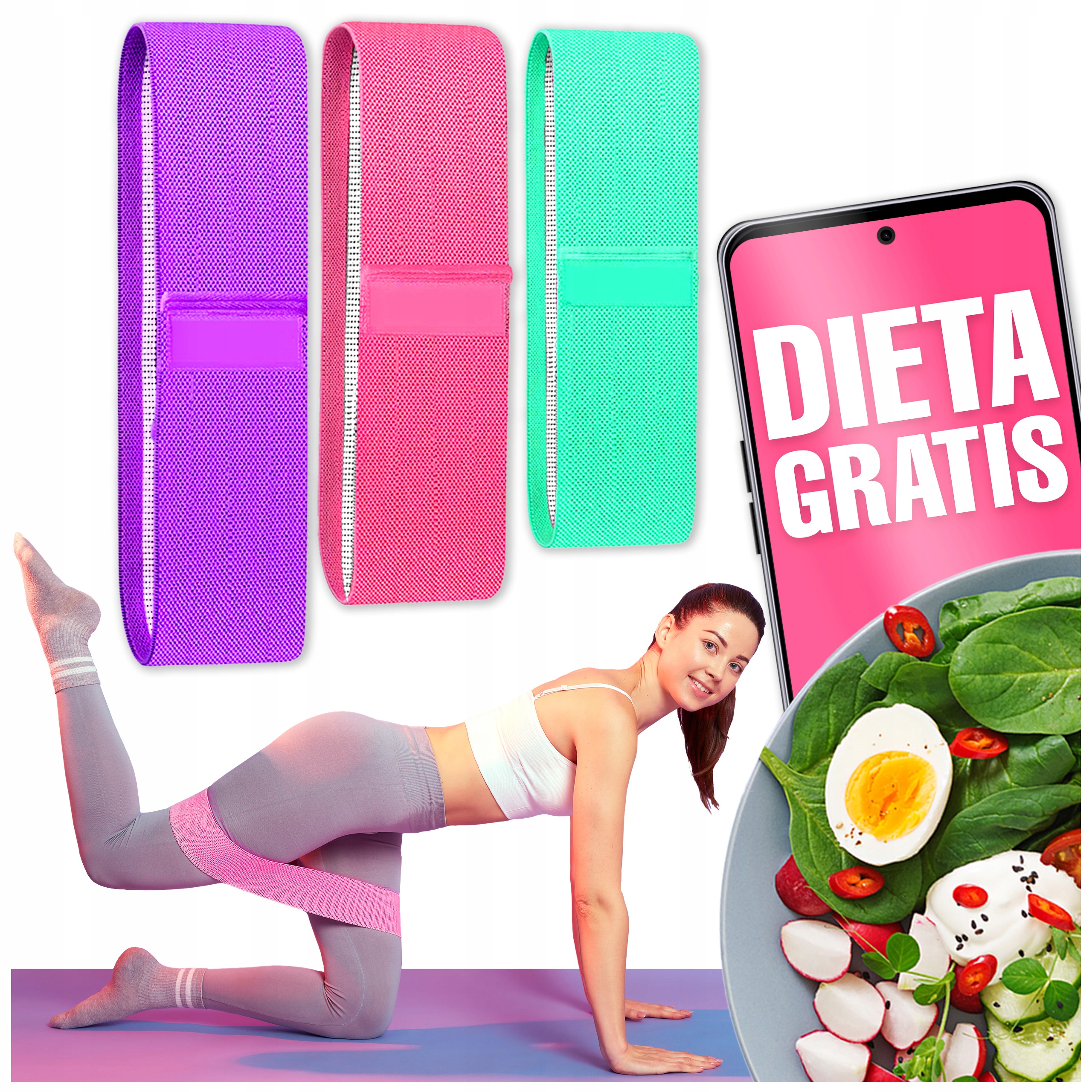 ZESTAW 3 GUM DO ĆWICZEŃ HIP MINI BAND, GUMY MATERIAŁOWE MOCNE TAŚMY FITNESS