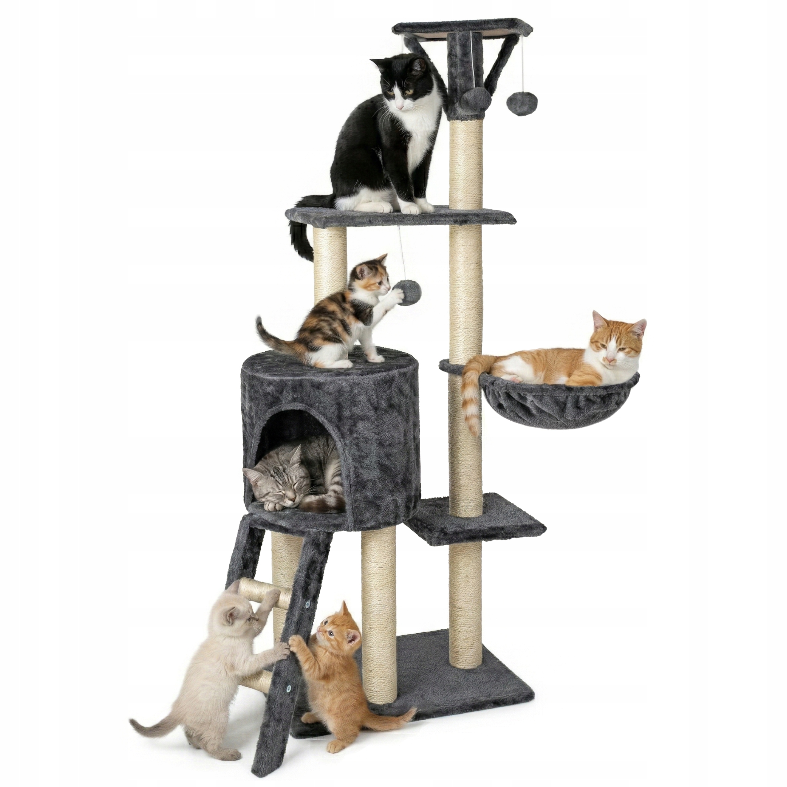 Levně Škrabadlo Pro Kočky Pelíšek Domeček Houpací Síť Věž Škrabací Sloupek Sisal Hračka