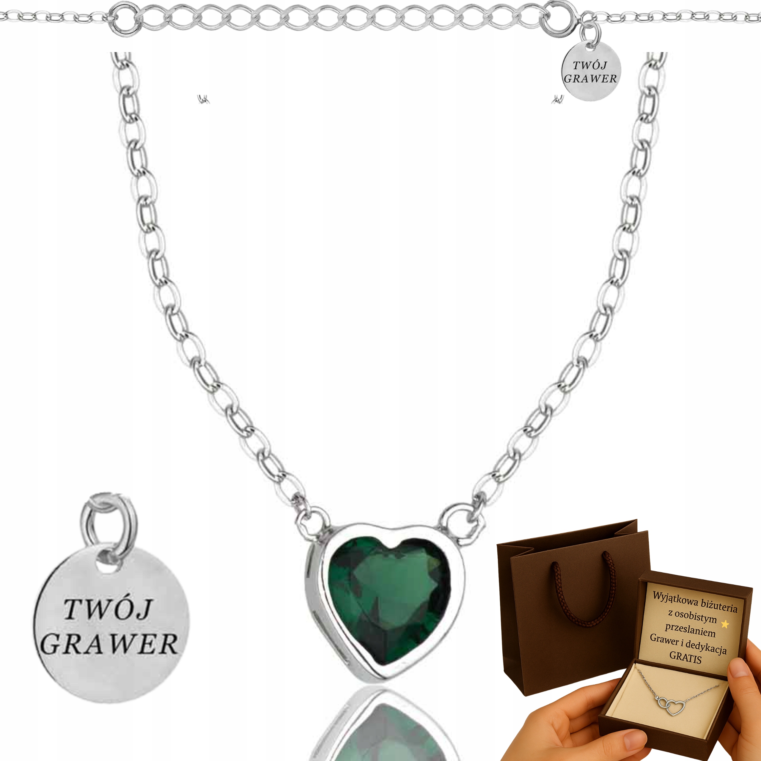 Stříbrný Řetízek Srdce Zelený Kámen 925 Rhodiovaný – Gravírování Bonus