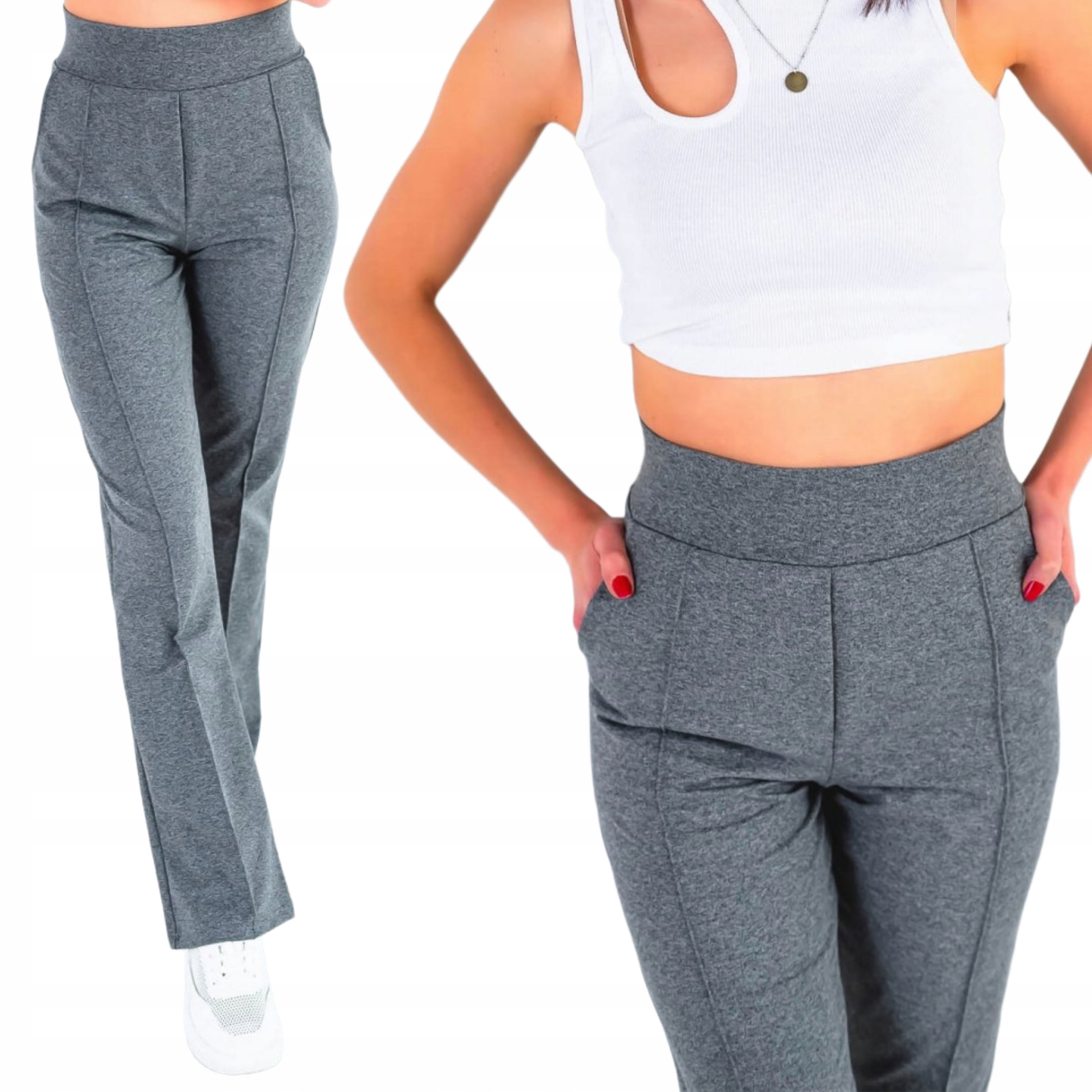 Bavlněné dámské grafitové teplákové kalhoty s zvony a kantem, vysoký pas, velikost L