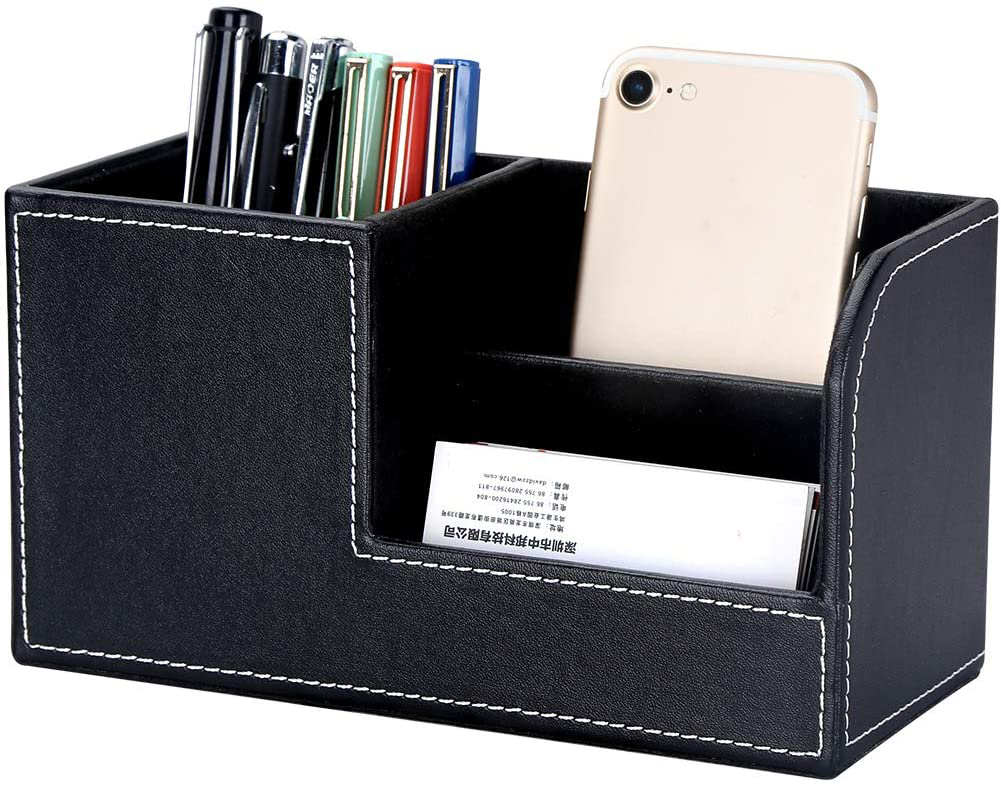 Skórzany organizer na biurko, przybornik na długopisy, telefon, pilot