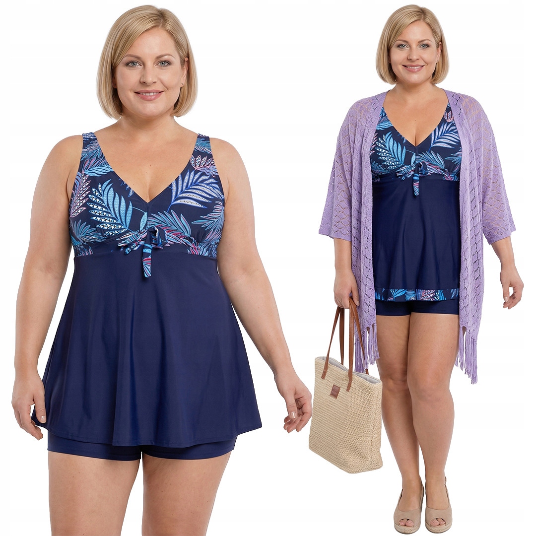 Tmavě modré oranžové plavky s tropickými vzory plus size velikost 5