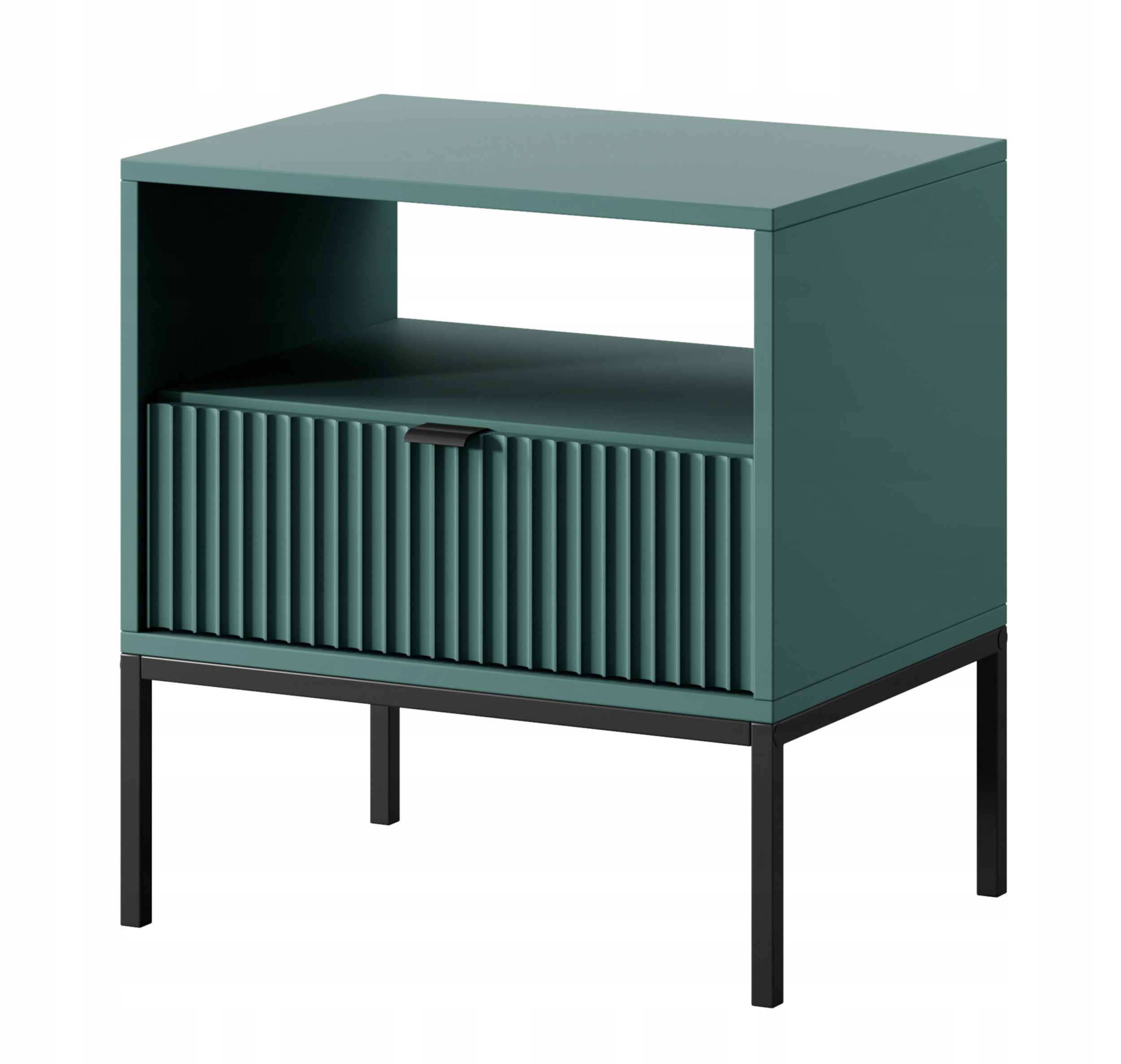Noční stolek Vellore 54 cm, zelená rýhovaná přední strana, černý rám