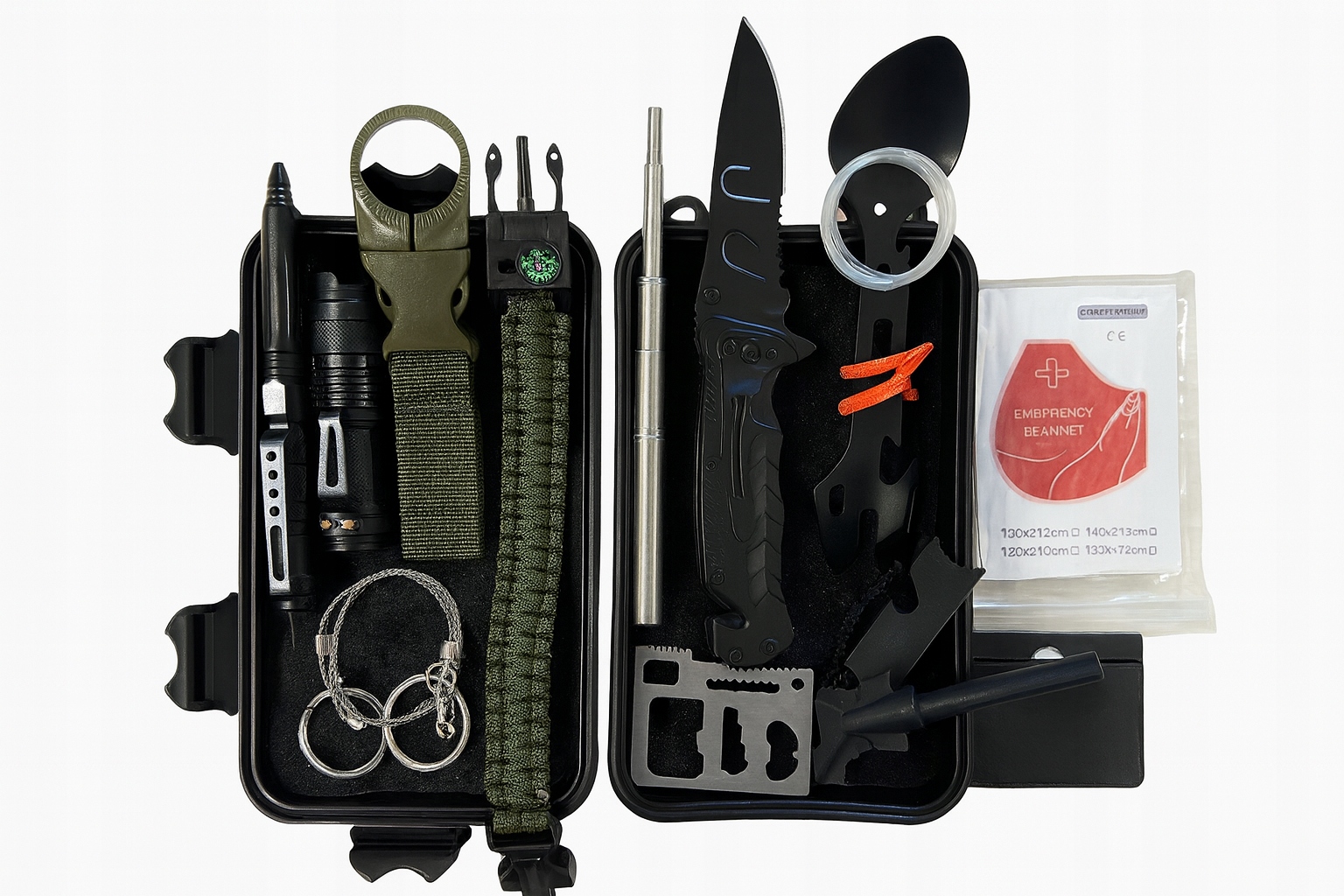 Sada Survival Box Multifunkční nářadí Svítilna Nůž Křesadlo Venkovní Nezbytnosti