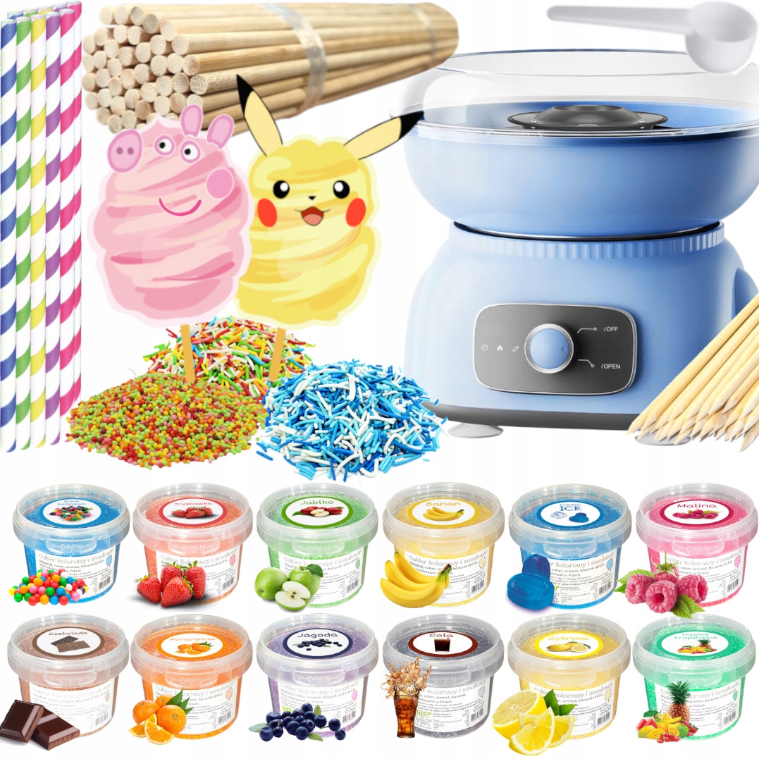 Sada Stroj na cukrovou vatu Cukr 12 x 100 g Kbelík tyčinky posypky