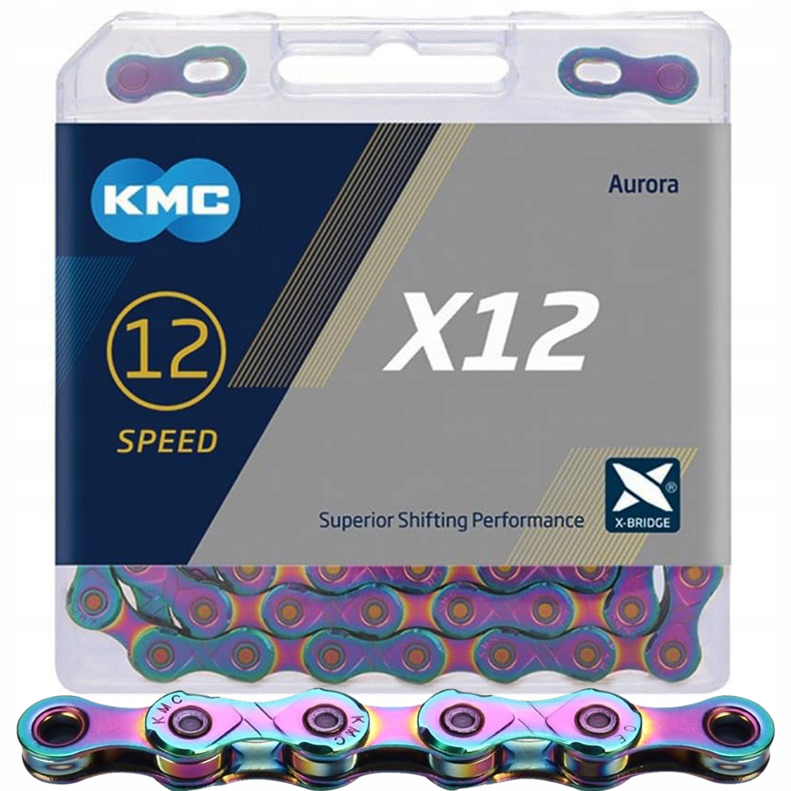 Łańcuch Rowerowy Kmc X12 Aurora Tęczowy 12s 126 og Spinka Box
