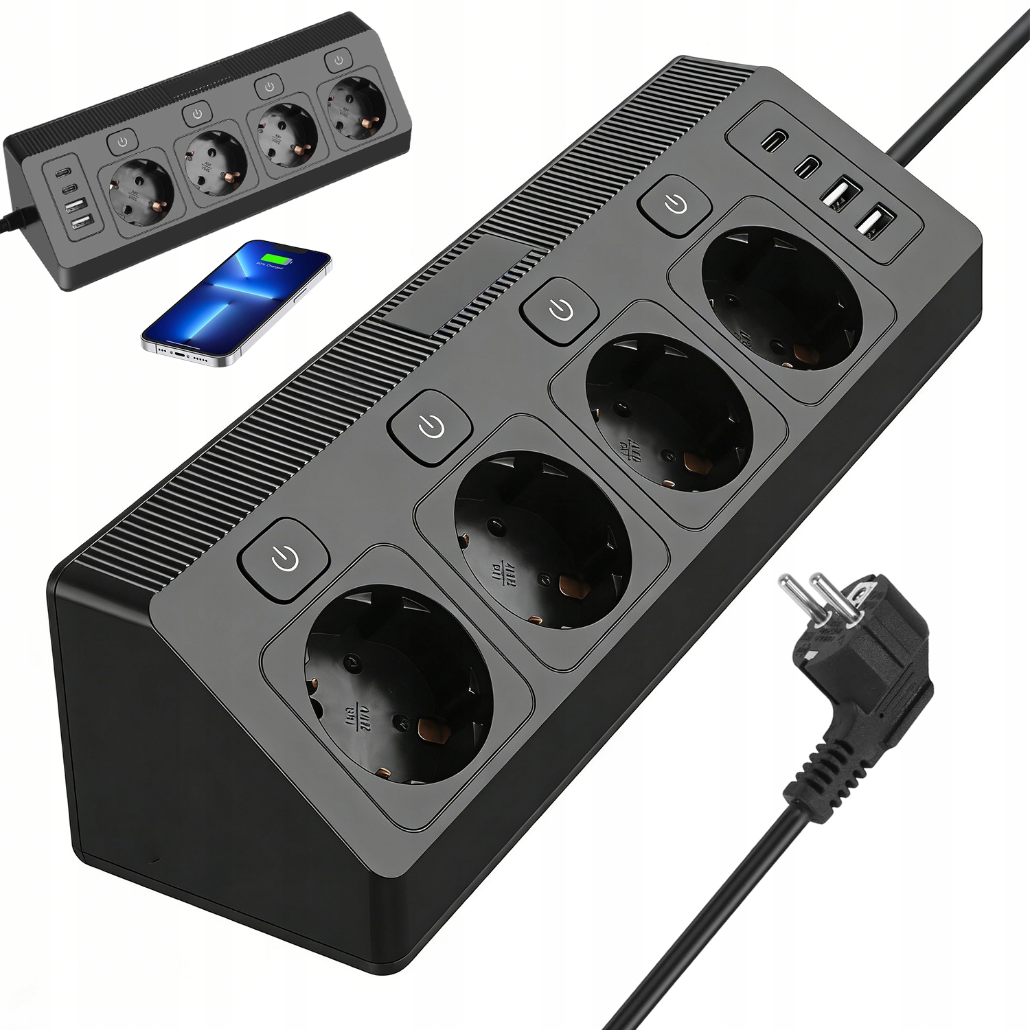 Prodlužovací Kabel Proti Přepětí 4 Zásuvky 4 Usb Porty 2 M, Černý Kabel