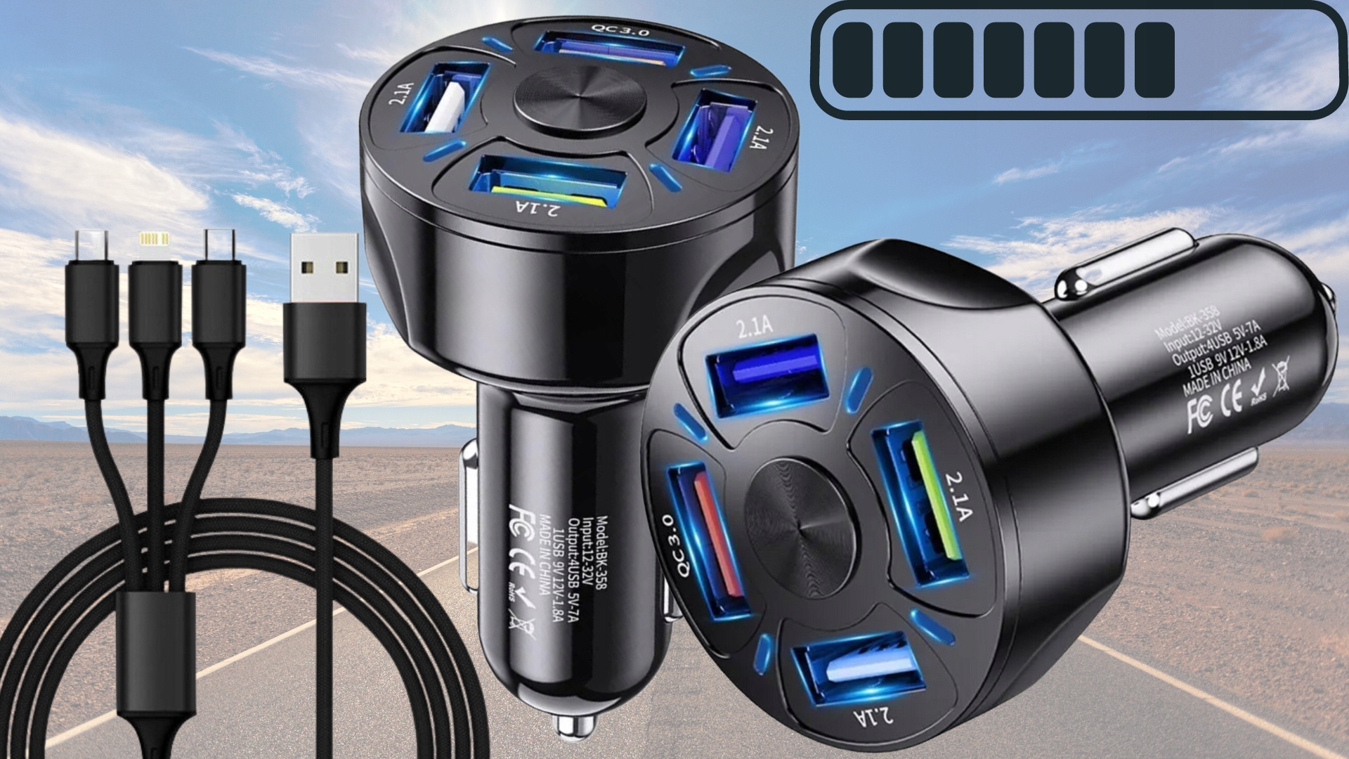 ŁADOWARKA DO ŁADOWANIA SAMOCHODOWA DO AUTA SAMOCHODU 4XUSB QC3.0 KABEL 3W1 Producent Blashorn