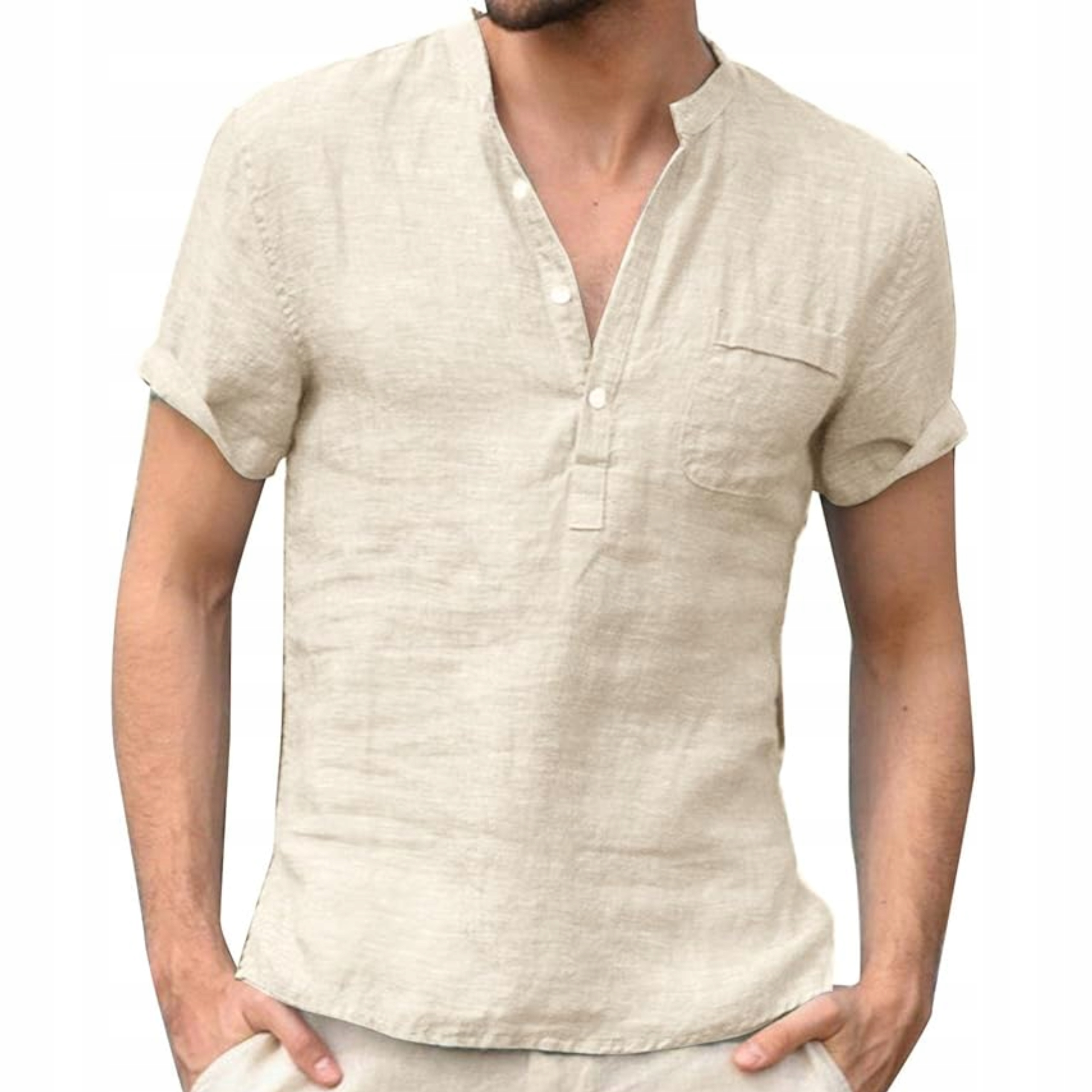 Męska koszula letnia lniana bawełniana ze stójką regular krótki rękaw