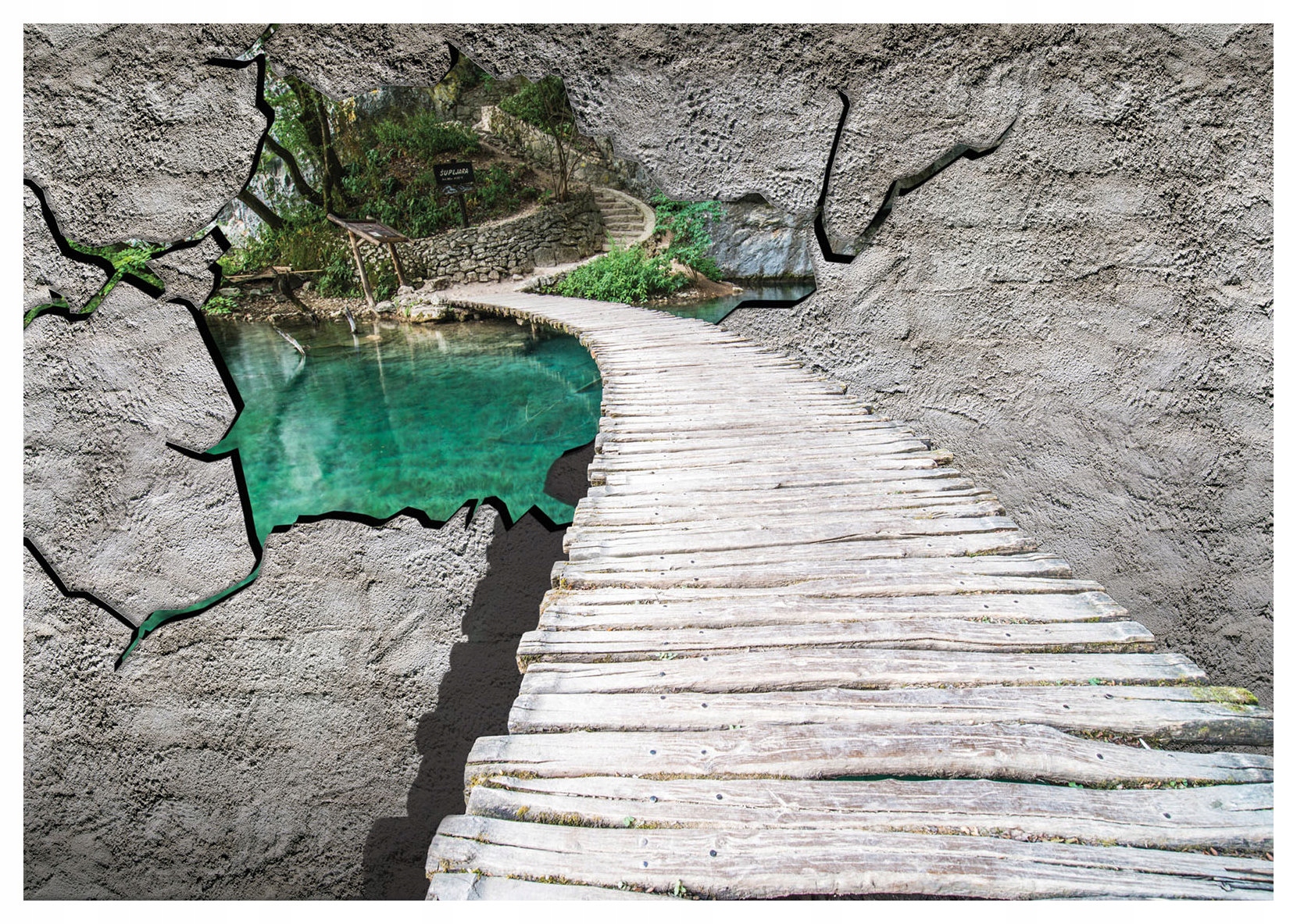 Fototapeta Most Azurová laguna přes dřevěnou zeď 200x140 lepidlo