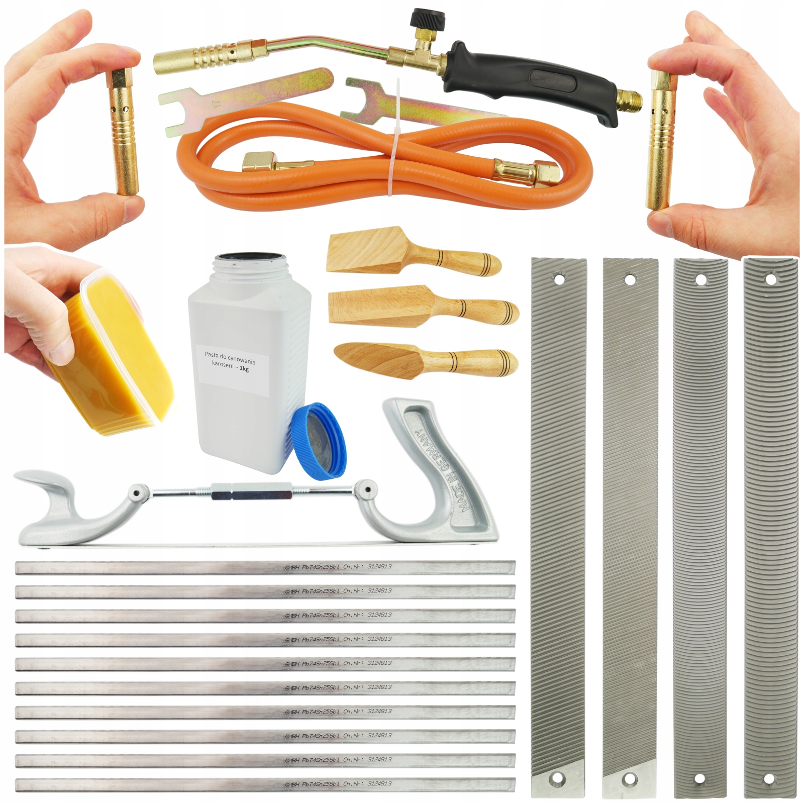 Sada cínování Cín 2,8 kg Vosk Pasta 1 kg Špachtle Hebel Tarniki Hořák