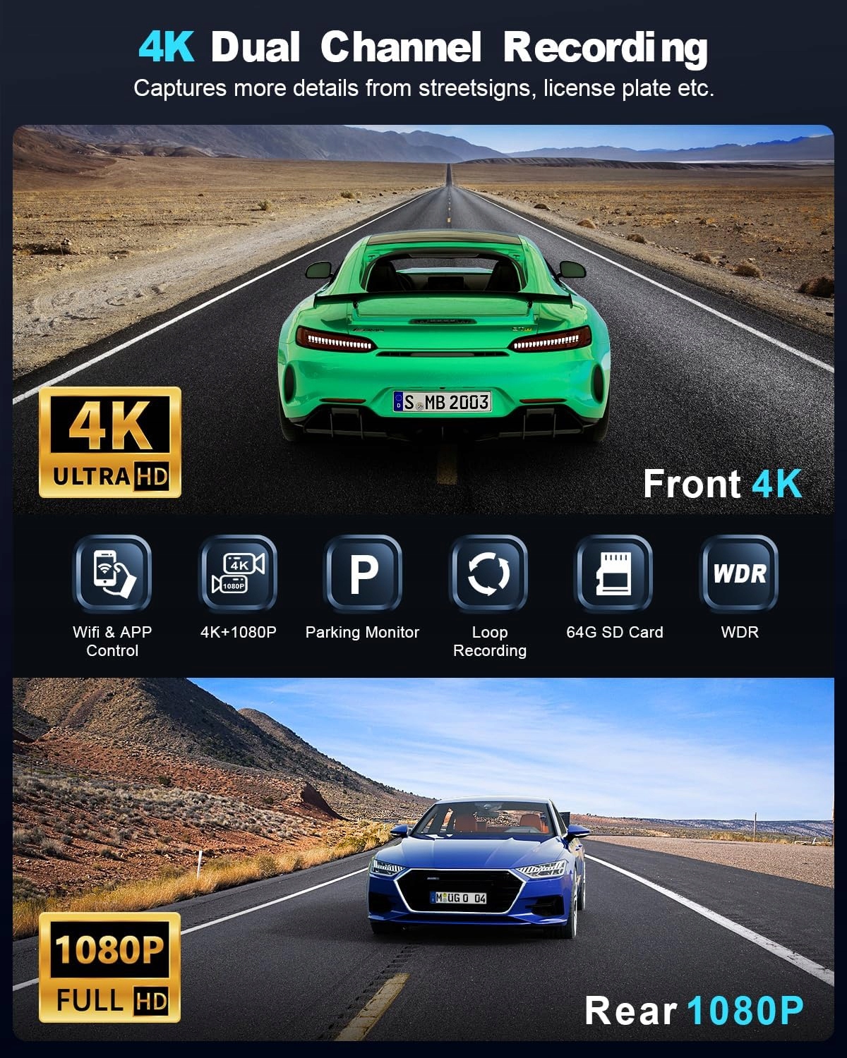 zhiroad Kamera Samochodowa 4K 1080P WiFi 64GB Nocny Tryb WDR 170° 140° — miniatura 2