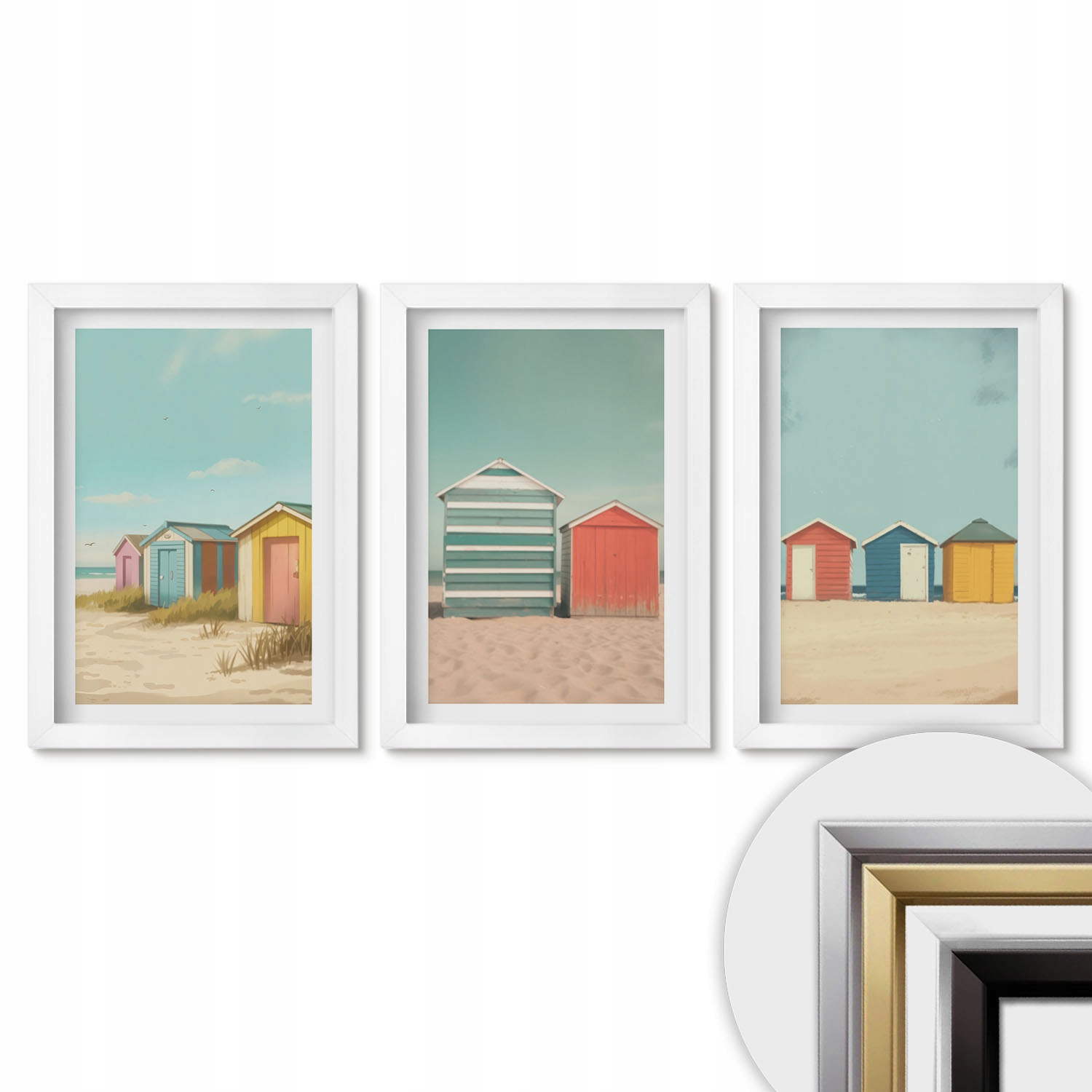 Sada Triptych Set Foto Obrazů Komplet 20x30 Barevné domky pláž slunce