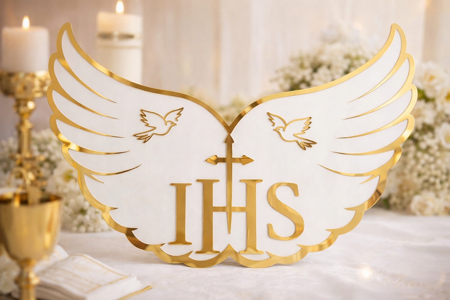 Křídla Ihs dekorace na svaté přijímání 68 × 50 cm bílá plus zlaté zrcadlo