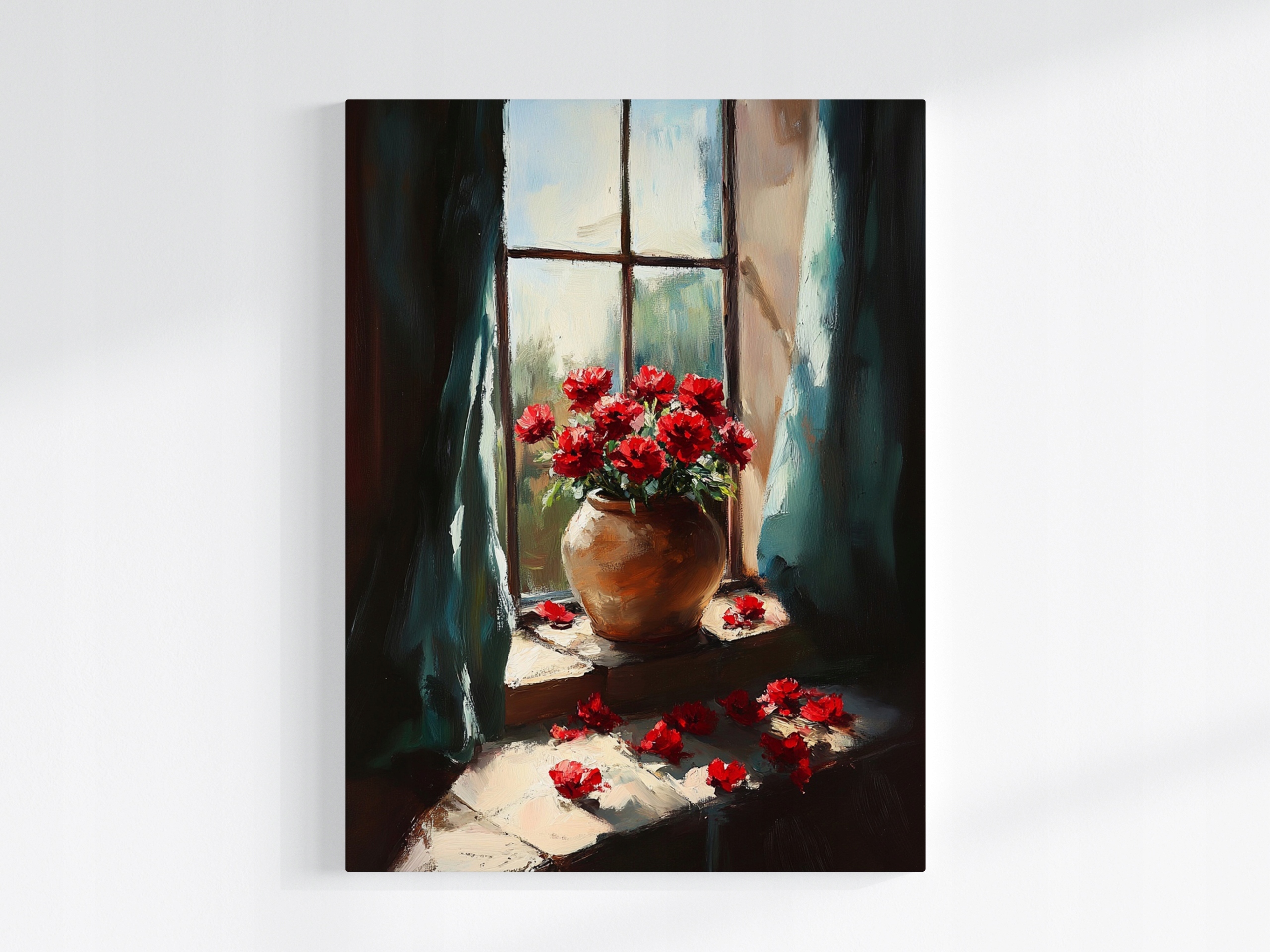 Plakát Červené Květy V Okně Váza Růže Vintage 75x100