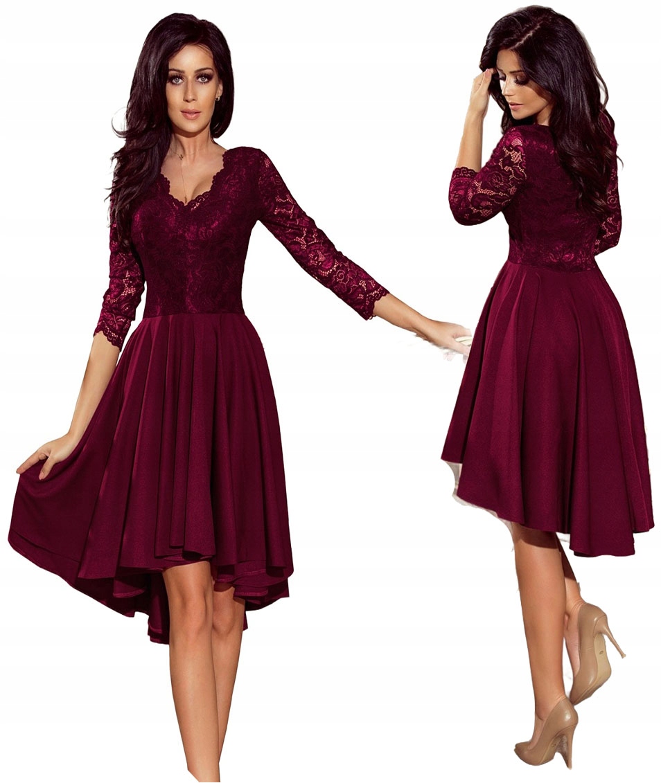 Asymetrické Šaty S Krajkovým Výstřihem, Delší Zadní Část Vínová, Velikost XL