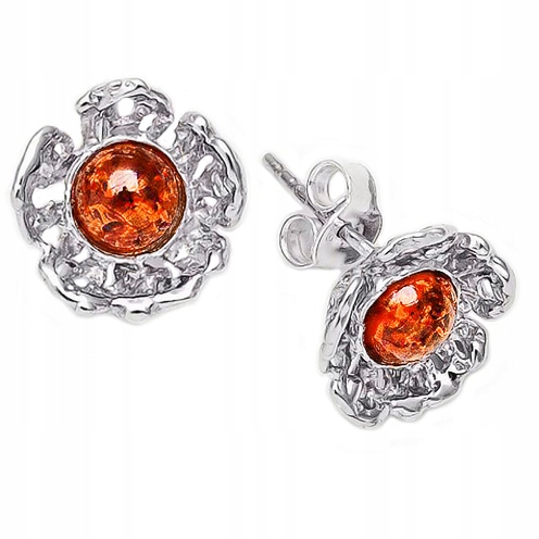 Stříbrné Náušnice Květinky na tyčinku s přírodním Jantarem stříbro 925