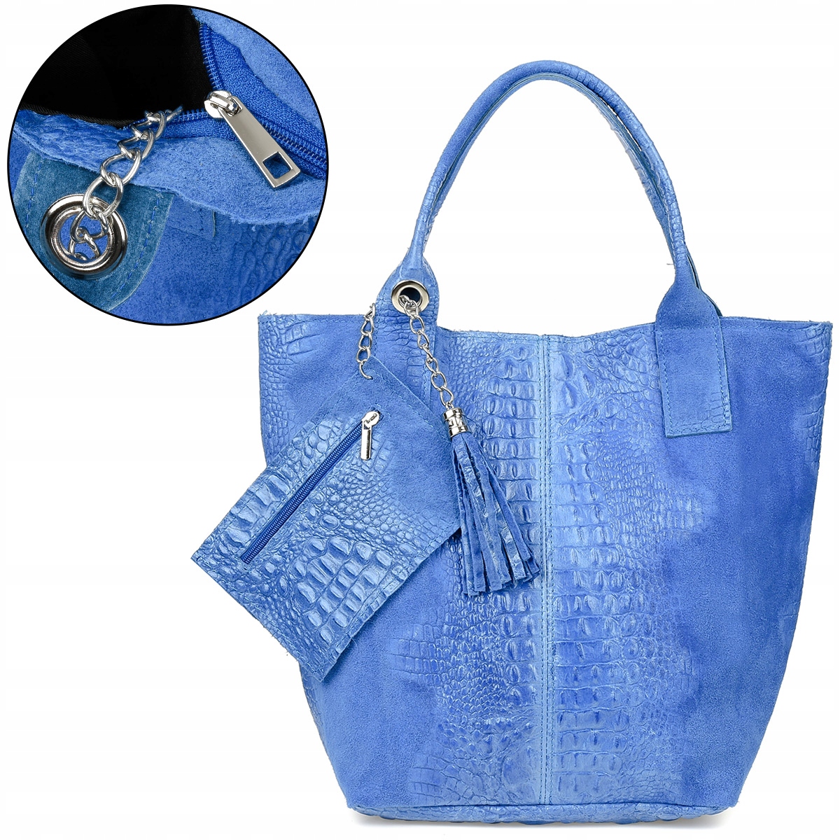 Kožená dámská taška shopper na zip velká A4 s italskou kosmetickou taštičkou