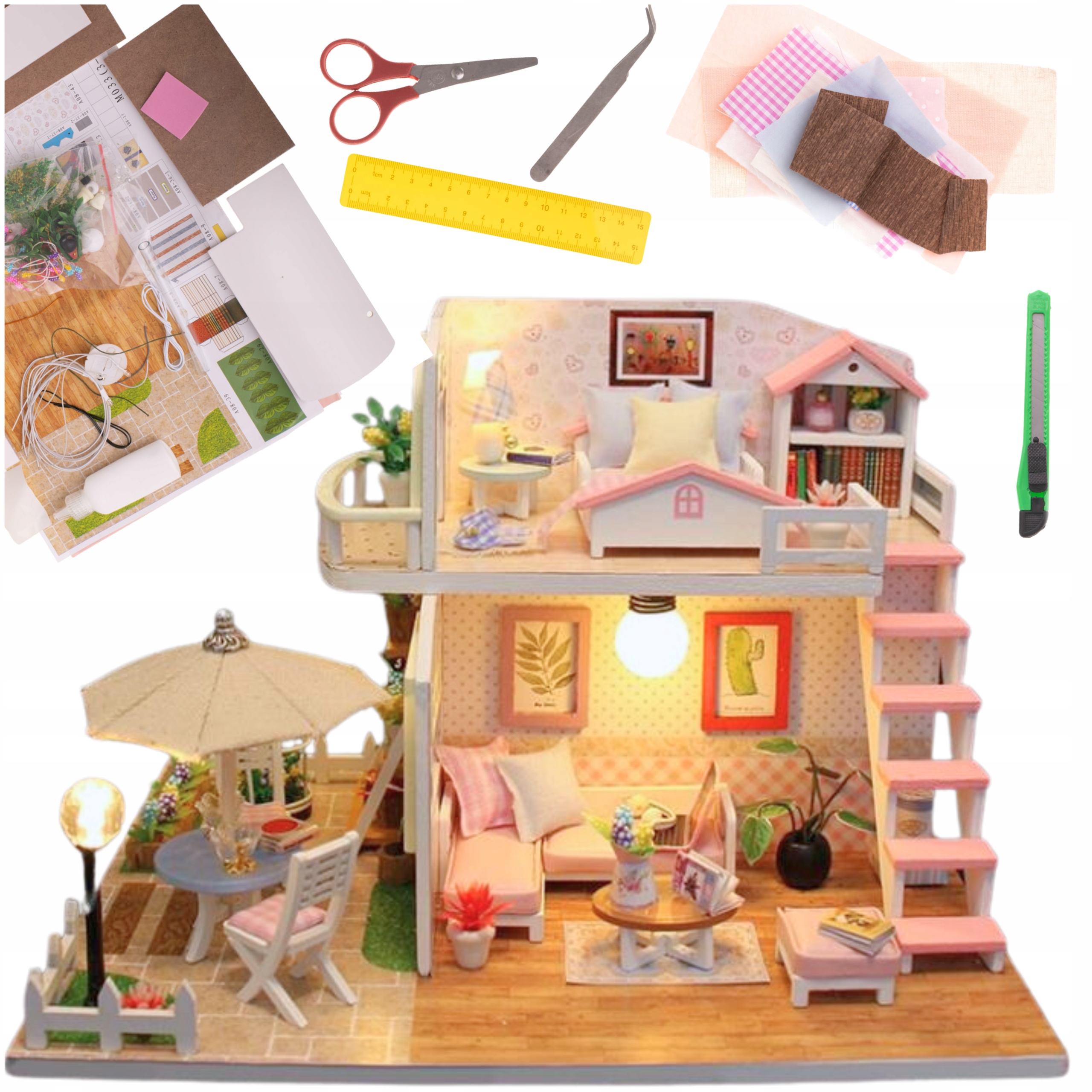 MODEL 3D DOMEK DIY MINIATUROWY DLA LALEK DREWNIANY DO SKŁADANIA DOM LED