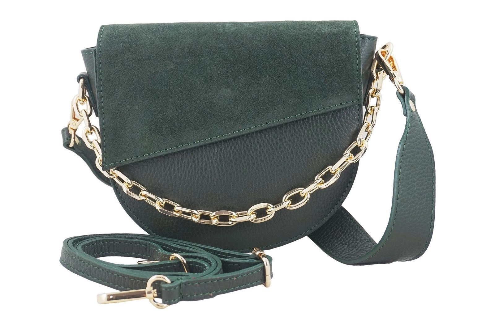 Dámská kožená kabelka přes rameno s ozdobným řetízkem zelená tmavá