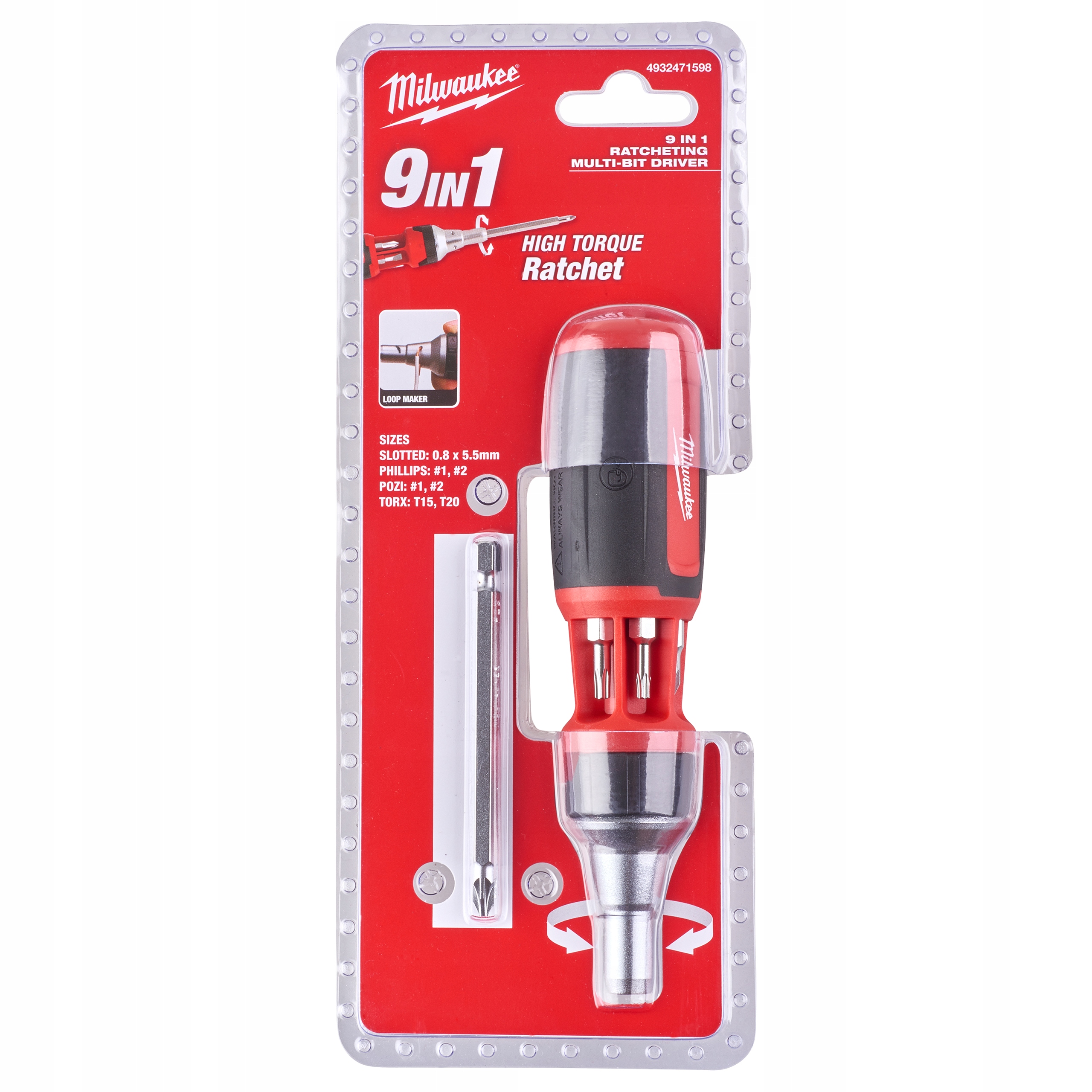 Śrubokręt multi 9w1 z grzechotką i bitami Ph, Pz, Tx, płaskim Milwaukee